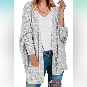 Fuzzy Cardigan Sweaters Batwing Sleeve Oversized Loose Knit Sweater w/Pockets